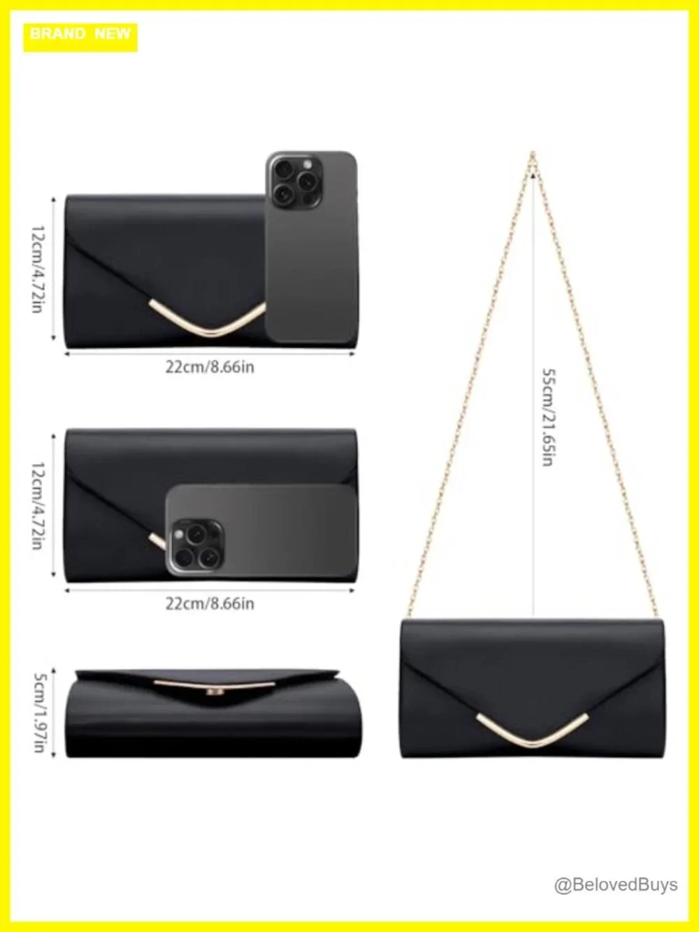 Vegan Leather Envelope Clutch with Detachable Chains for Evening & Wedding